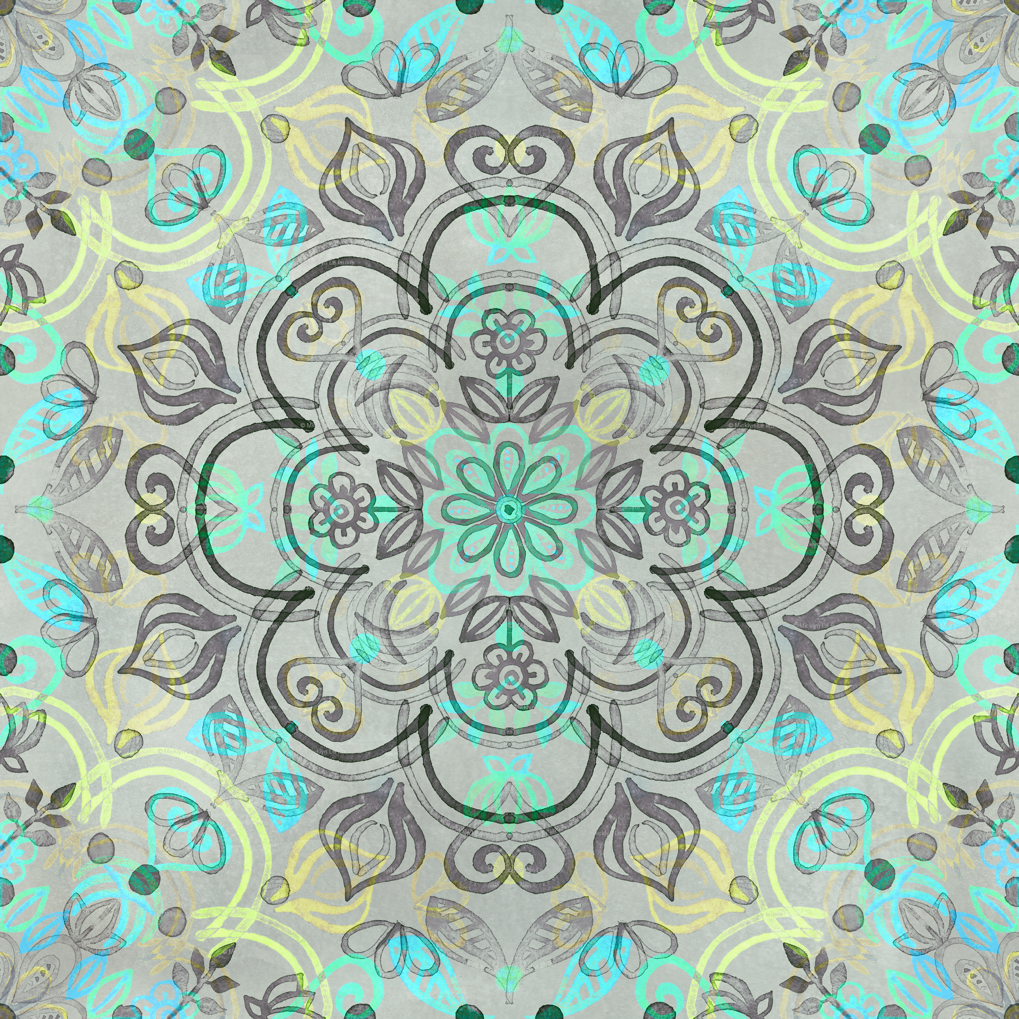 Watercolor Folk Art In Yellow Turquoise Mint Charcoal Circle