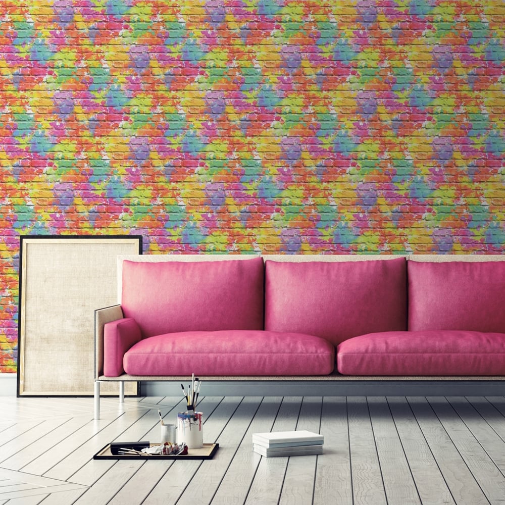 Muriva Painted Brick Pattern Wallpaper Paint Splash - Yellow And Pink Wallpaper Uk , HD Wallpaper & Backgrounds