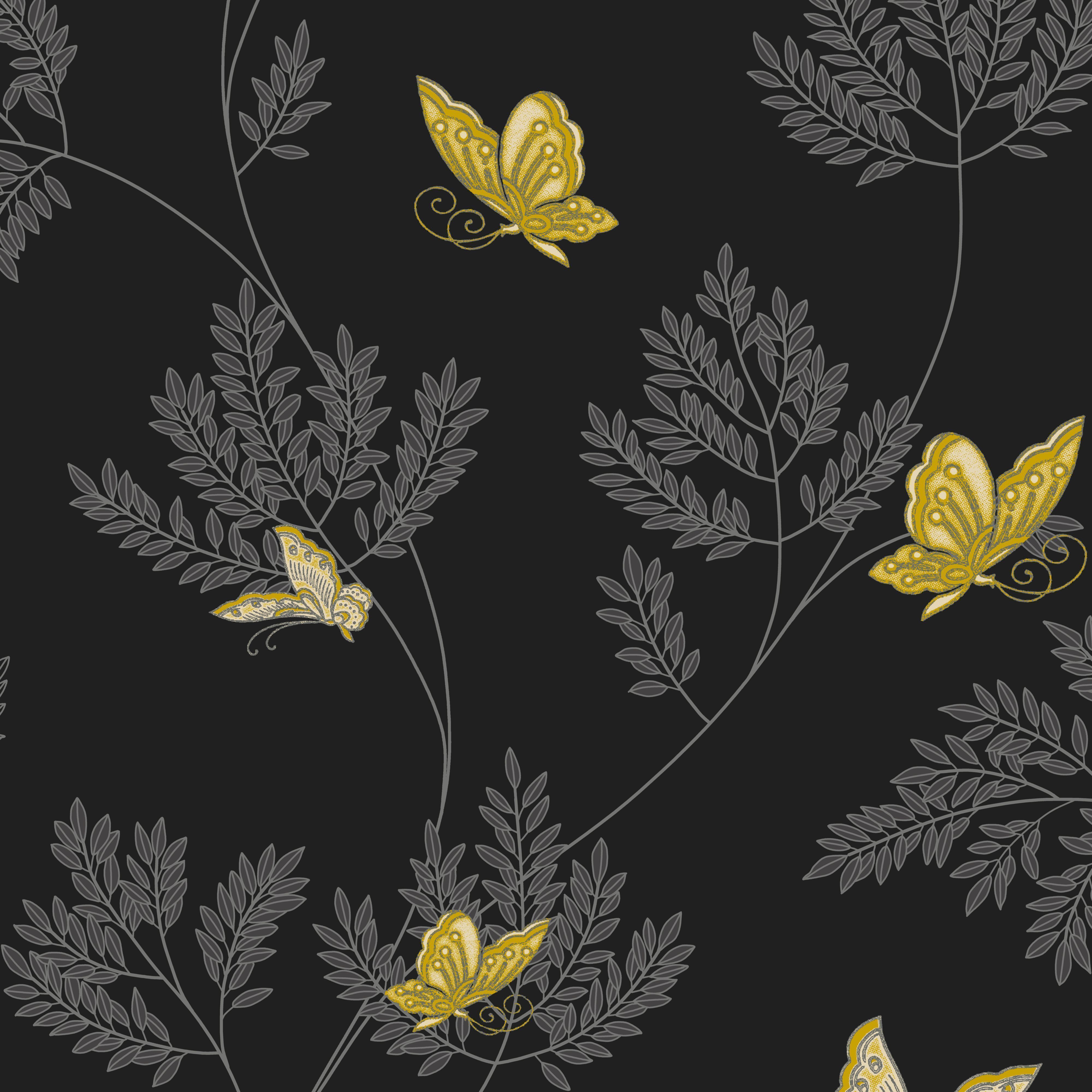 Hermione Floral Black, Grey & Yellow Wallpaper , HD Wallpaper & Backgrounds