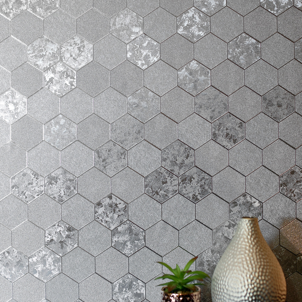 Arthouse Foil Honeycomb Silver Wallpaper Extra Image - Foil Slate Wallpaper B And M , HD Wallpaper & Backgrounds