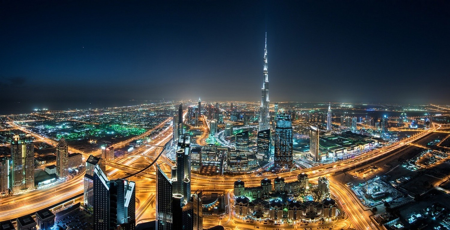 Landscape Cityscape Dubai Skyscraper Night Lights Mist - Burj Khalifa Night Landscape , HD Wallpaper & Backgrounds