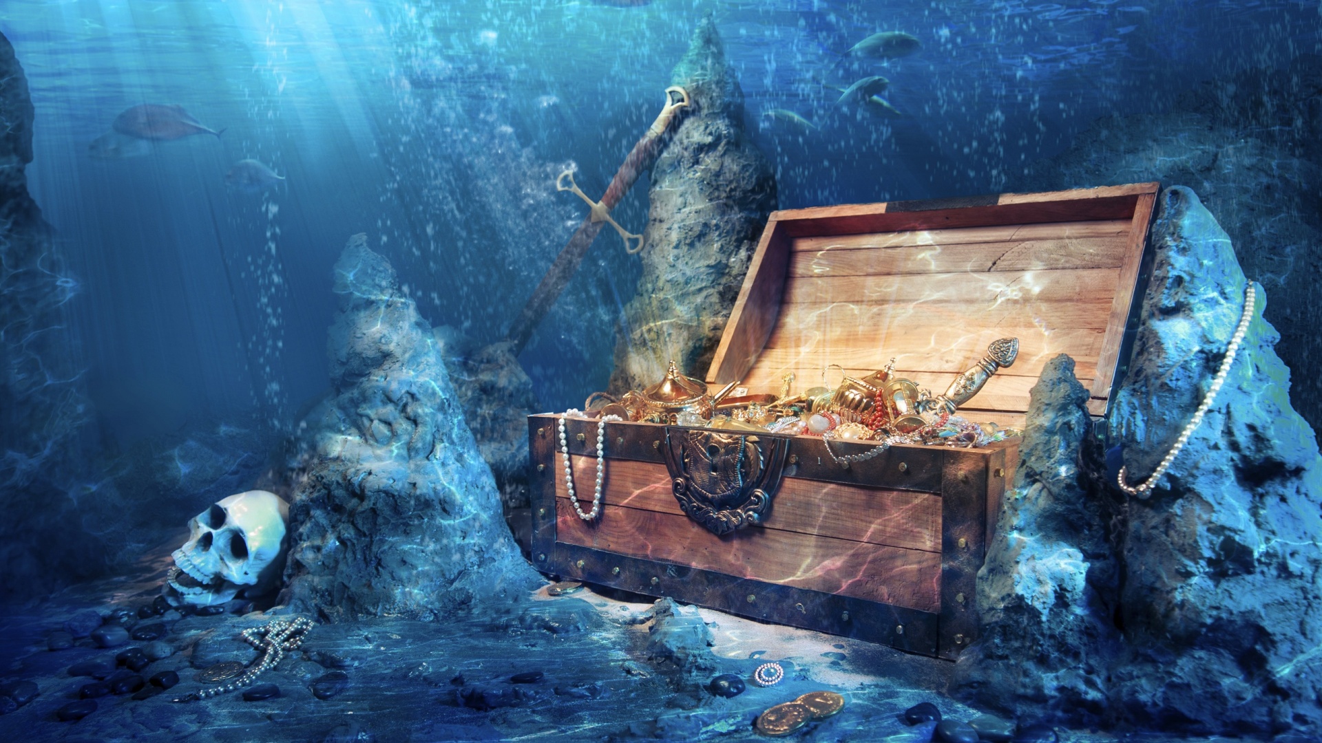 Hd Underwater Backgrounds Treasure Underwater Backgrounds - Treasure Chest Under The Sea , HD Wallpaper & Backgrounds