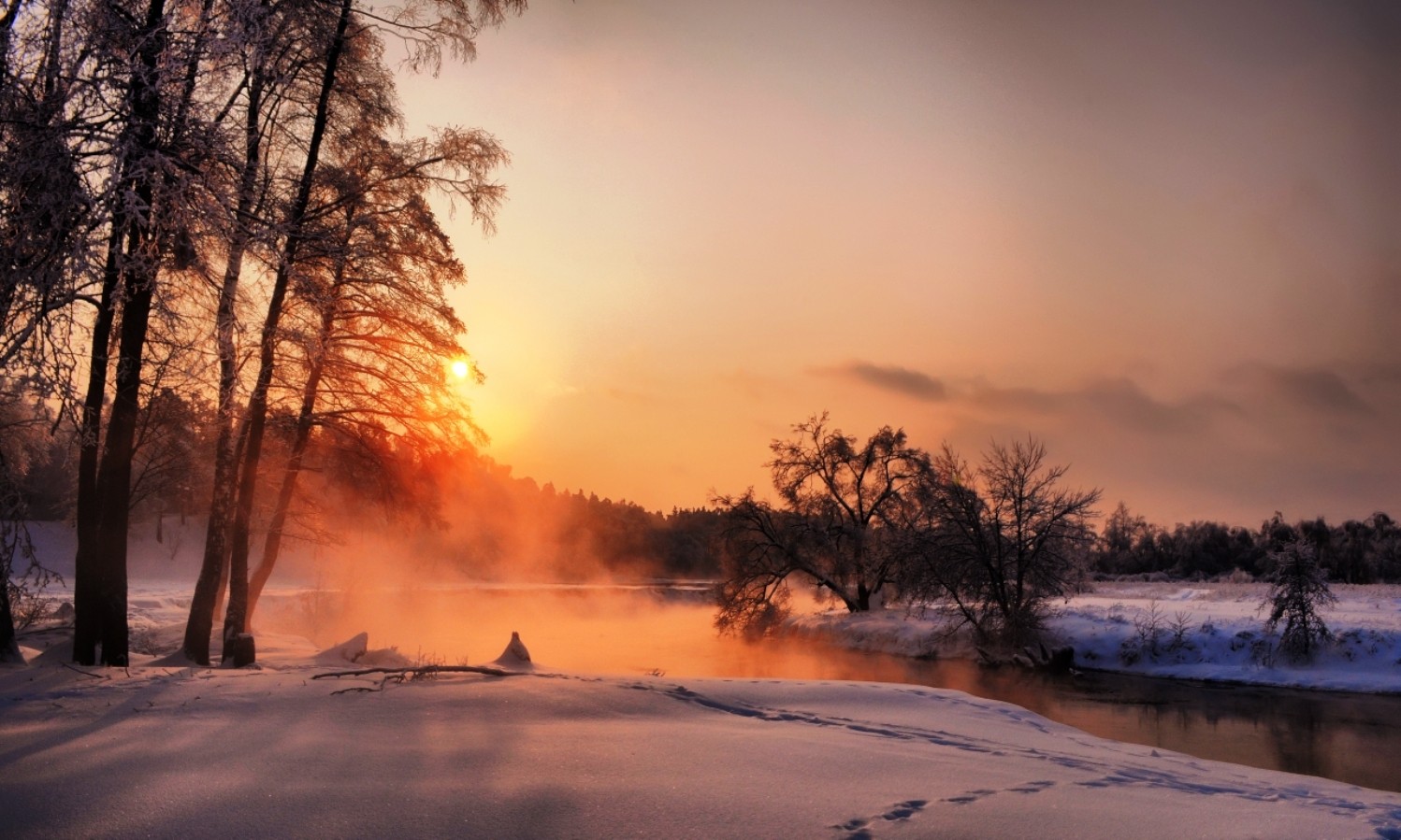 Snow Sunrise Cold Dawn Mist Rises Winter Hd Live Wallpaper - Winter Sunrise And Sunset , HD Wallpaper & Backgrounds