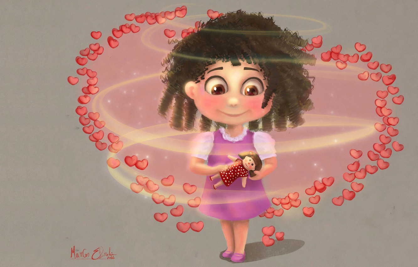 Photo Wallpaper Doll, Art, Girl, Hearts, Children's, - Illustration , HD Wallpaper & Backgrounds