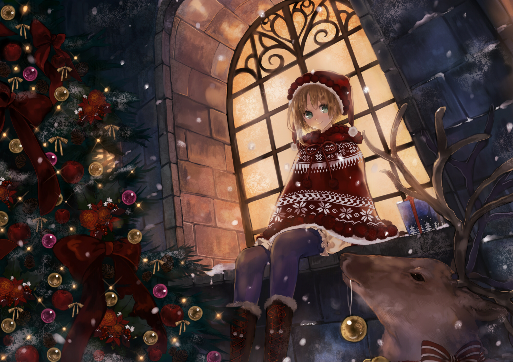Hd Wallpaper - Anime Girl Christmas Night , HD Wallpaper & Backgrounds