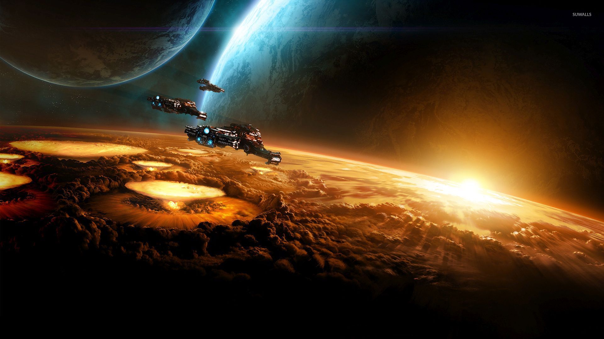 Spaceships Heading To The Light Wallpaper - Starcraft Battlecruiser Desktop Background , HD Wallpaper & Backgrounds