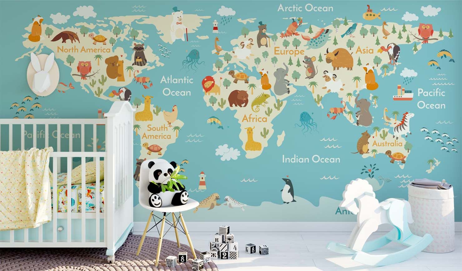 Surprising Design Ideas World Map Wallpaper Nursery - World Map With Animals , HD Wallpaper & Backgrounds