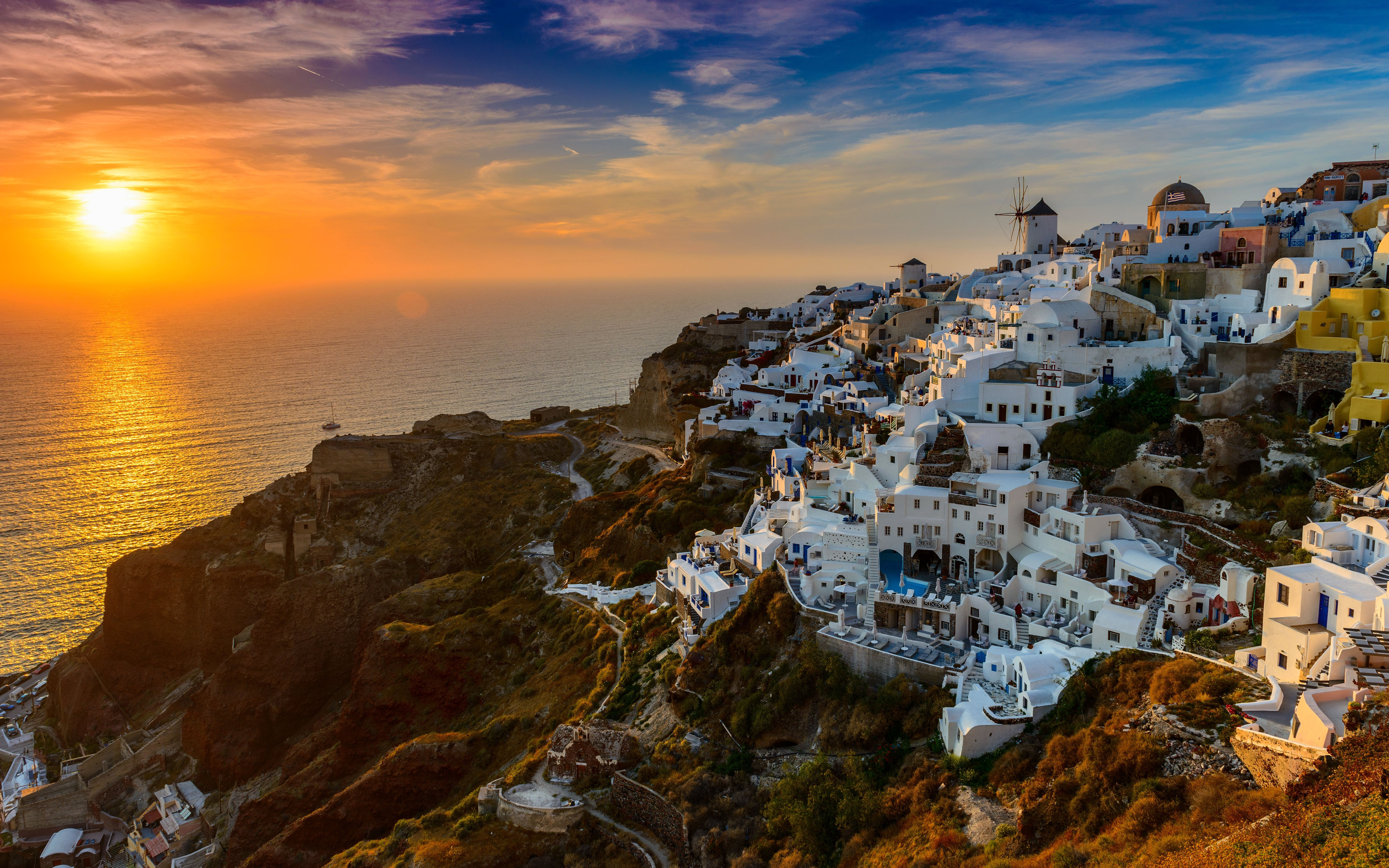 Mountain, Horizon, Ocean, Santorini, Town, Sea, Greece - Greece Sun Set , HD Wallpaper & Backgrounds