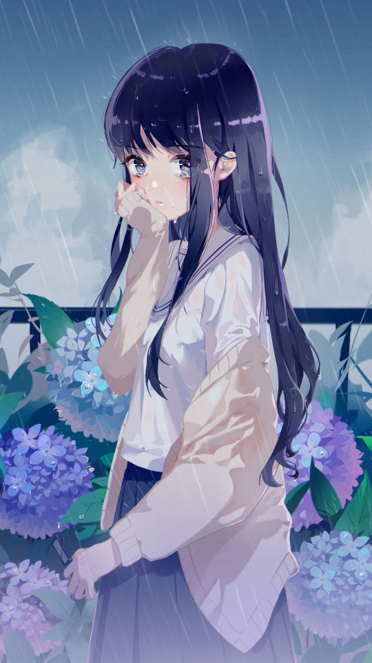 Wallpaper Rain Cute Anime Girl Flowers Original Rain And Cute