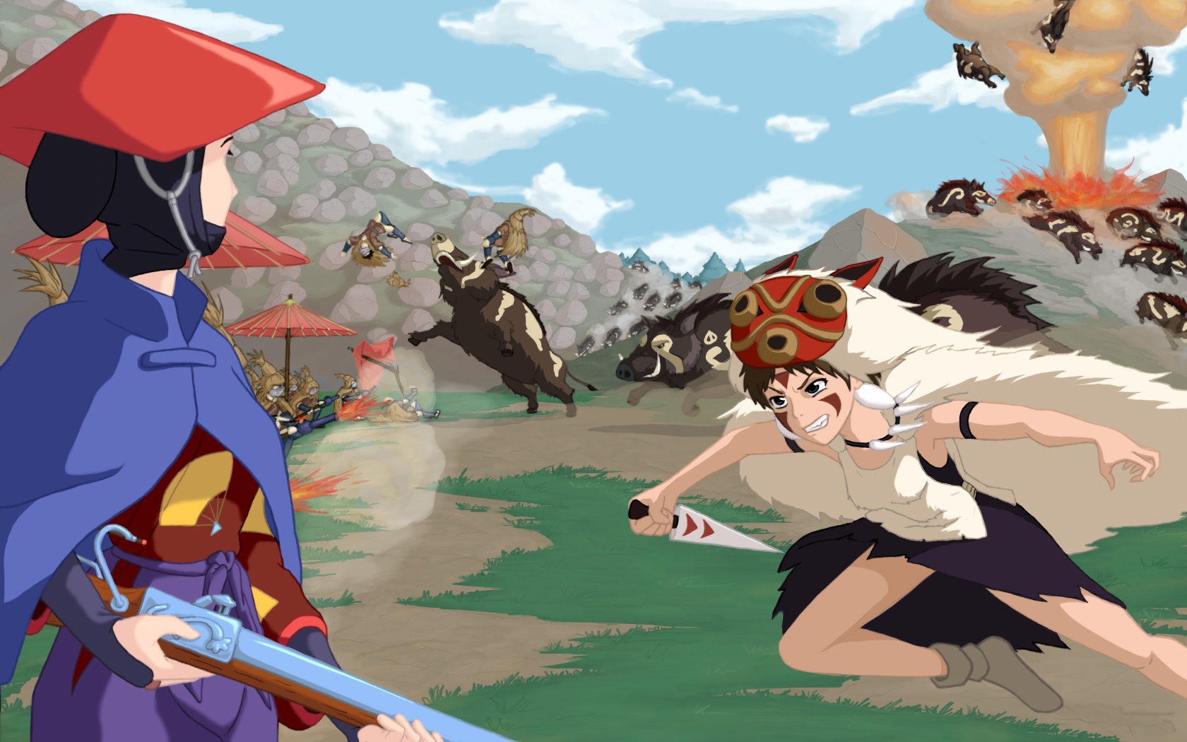 Princess Mononoke Wallpaper - Princess Mononoke Battle , HD Wallpaper & Backgrounds