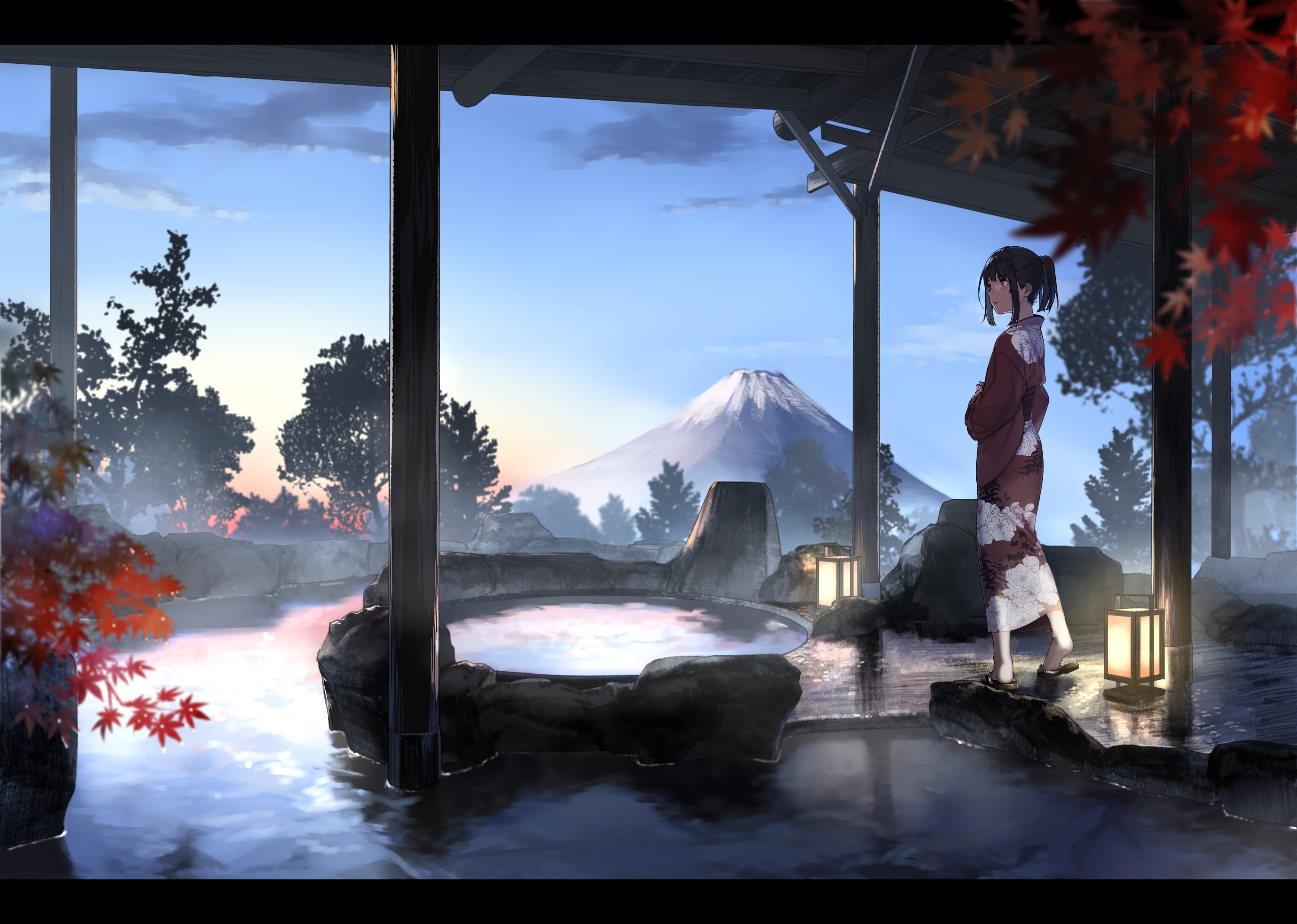 Wallpaper Anime Girl, Kimono, Japanese Hot Spring, - Anime Japanese Hot Spring , HD Wallpaper & Backgrounds