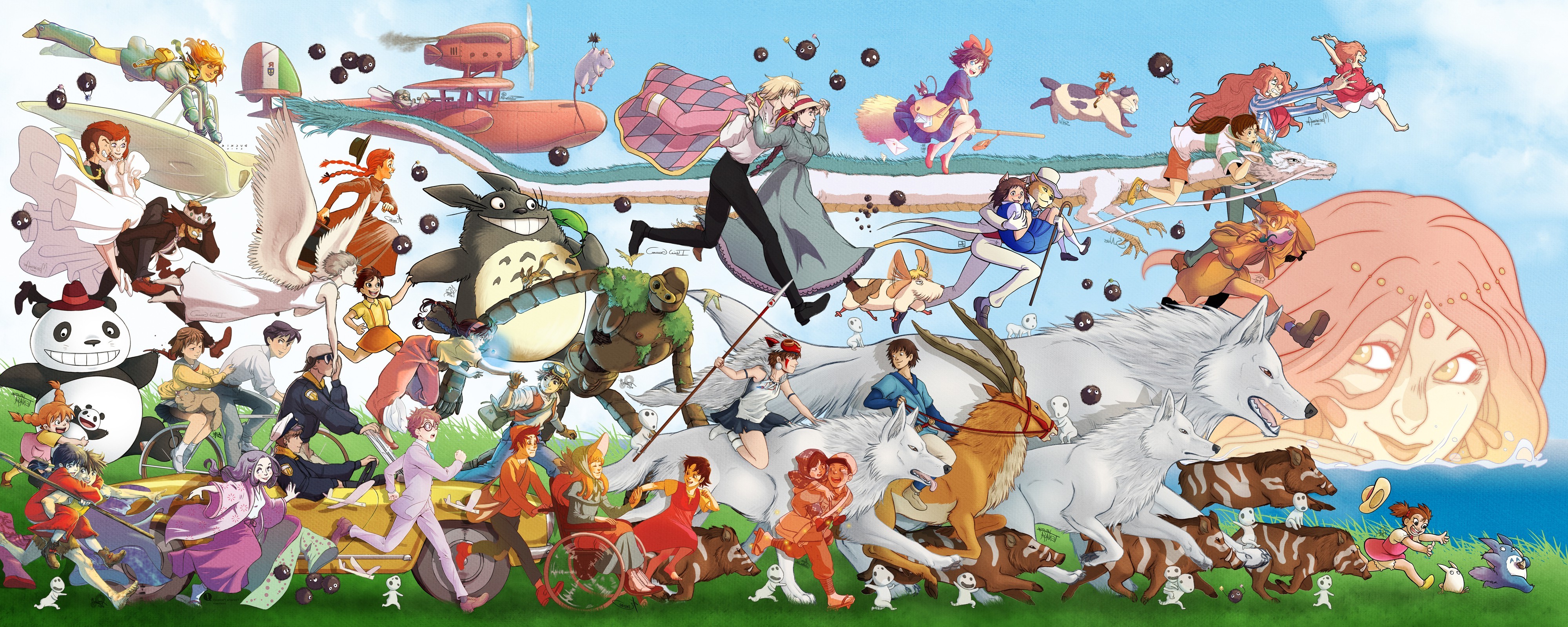 Studio Ghibli Dual Monitor Wallpaper - Studio Ghibli All Characters , HD Wallpaper & Backgrounds