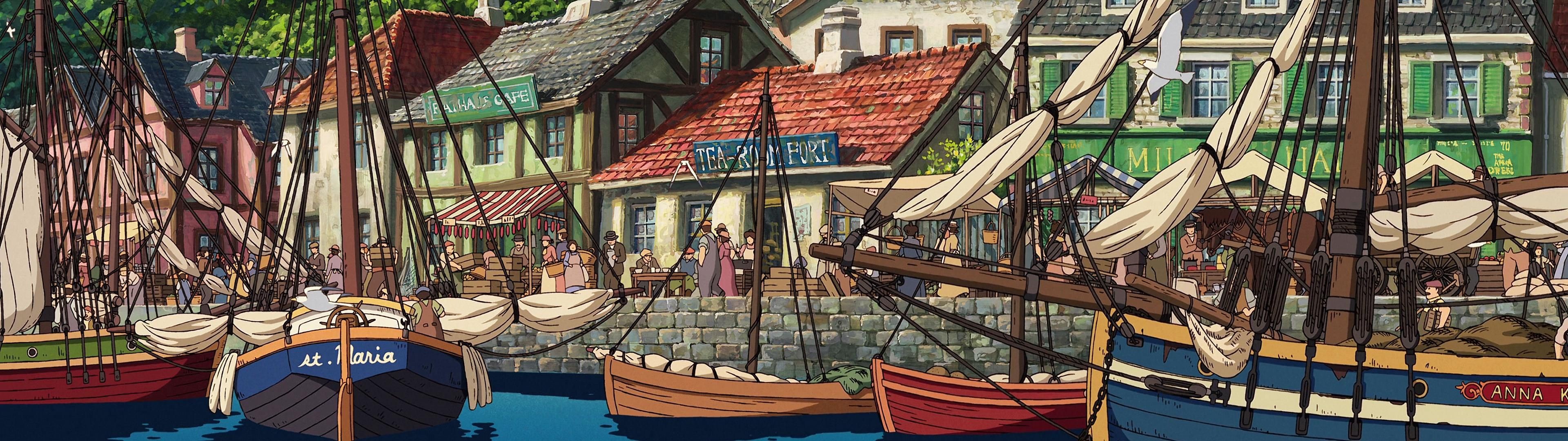 #studio Ghibli #multiple Display #dock #dual Monitors - Porthaven Howl's Moving Castle , HD Wallpaper & Backgrounds