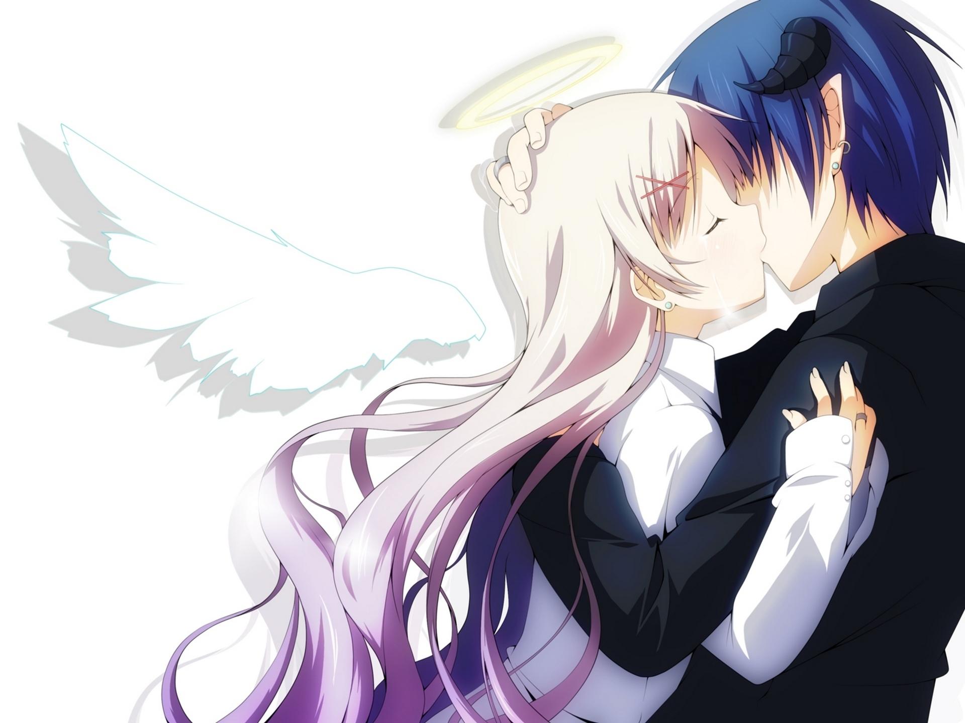 Anime Kiss Wallpaper - Demon Boy And Angel Girl , HD Wallpaper & Backgrounds
