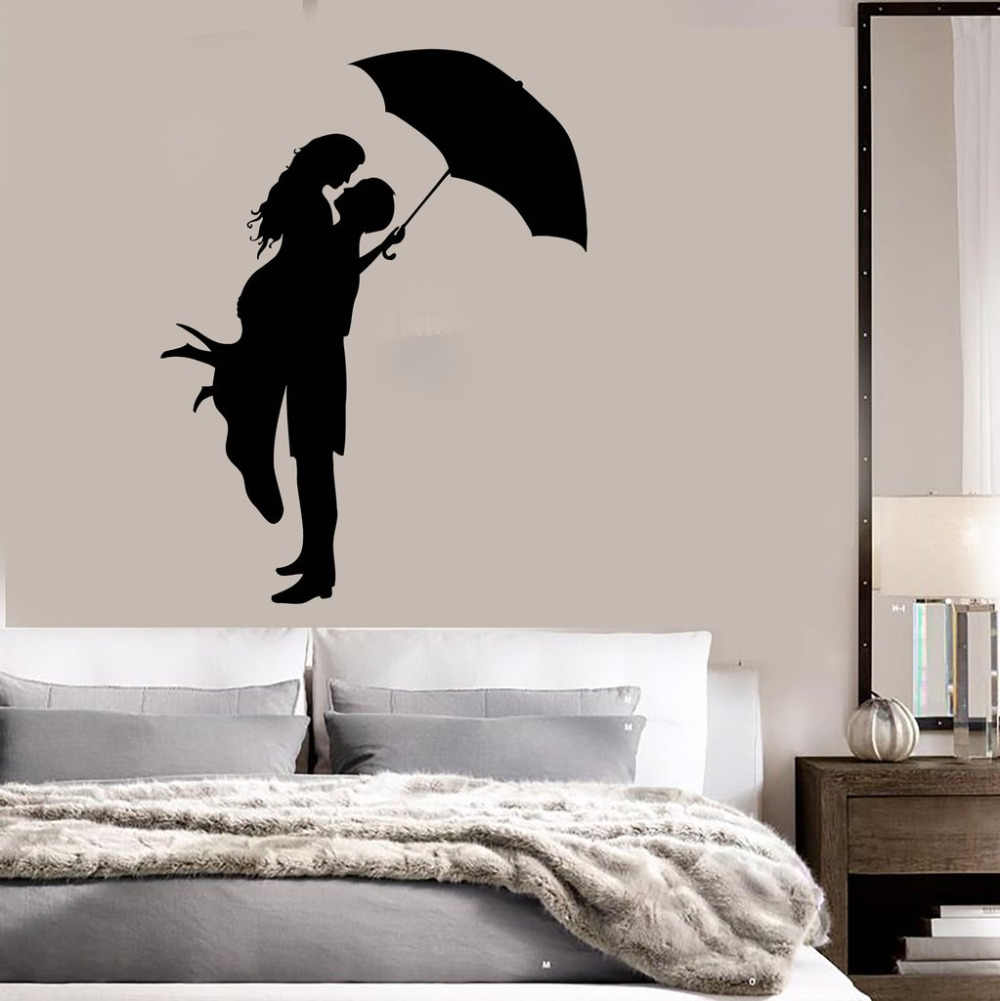 Kissing Couple With Umbrella Wall Stickers Decal Vinyl - Romantic Bed With Good Night , HD Wallpaper & Backgrounds