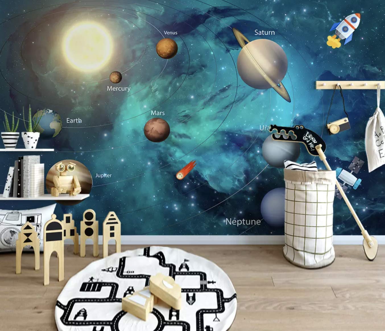 Murwall Kids Wallpaper 3d Solar System Wall Murals - Dessin Espace Sur Mur , HD Wallpaper & Backgrounds