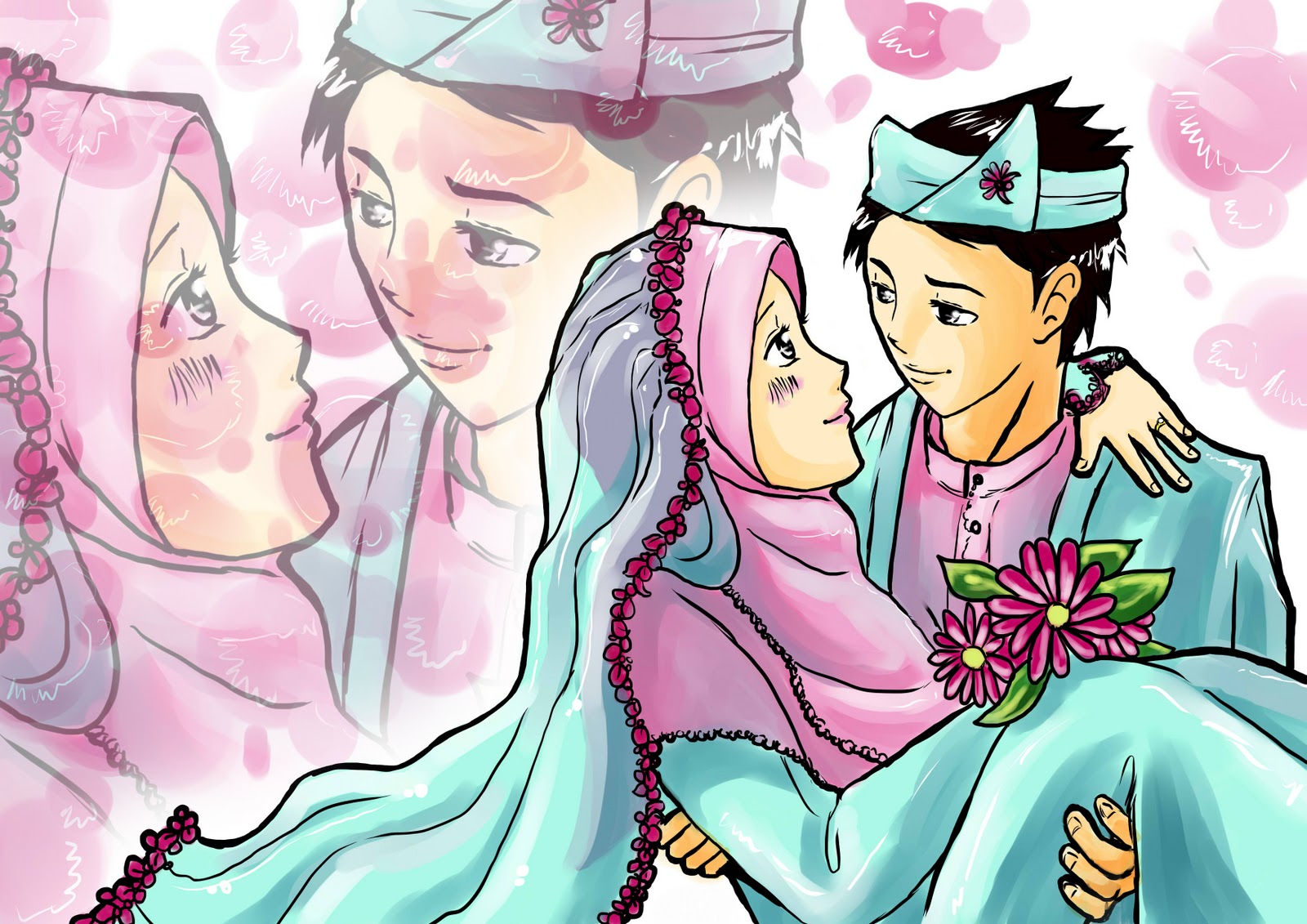 Gambar Kartun Muslimah Berpasangan Bergerak - Husband Wife Cartoon Love , HD Wallpaper & Backgrounds