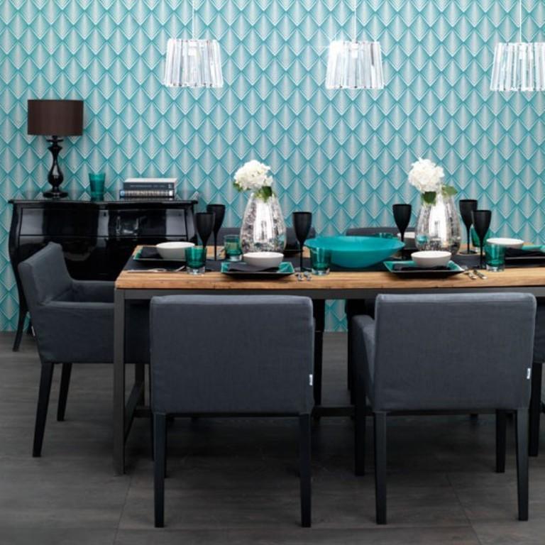 10 Modern Dining Rooms With Geometric Wallpaper Rilane - Dining Room Wallpaper Teal , HD Wallpaper & Backgrounds