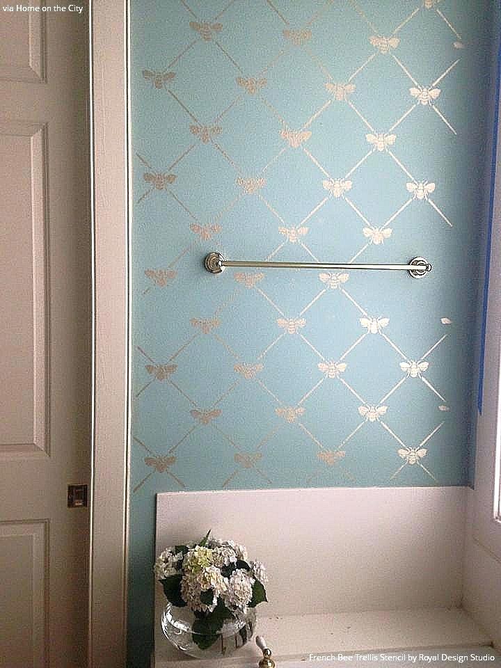 Silver Bathroom Wallpaper Pastel Blue And Metallic - Stencils For Wall Blue , HD Wallpaper & Backgrounds