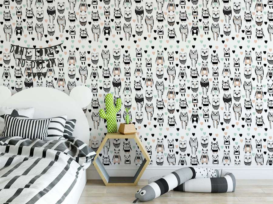 Cat Wallpaper Mural Colourful Pattern On White Background - Kids Interior Mockup , HD Wallpaper & Backgrounds