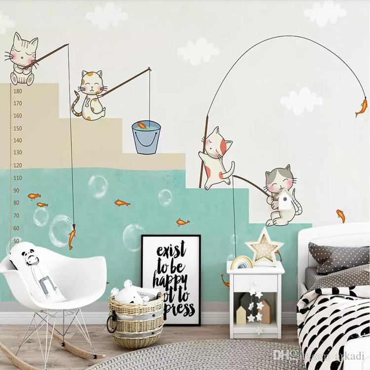 3d Cartoon Childlike Kitten Fishing Wallpaper Bedroom - Наклейки Звезды На Стену , HD Wallpaper & Backgrounds