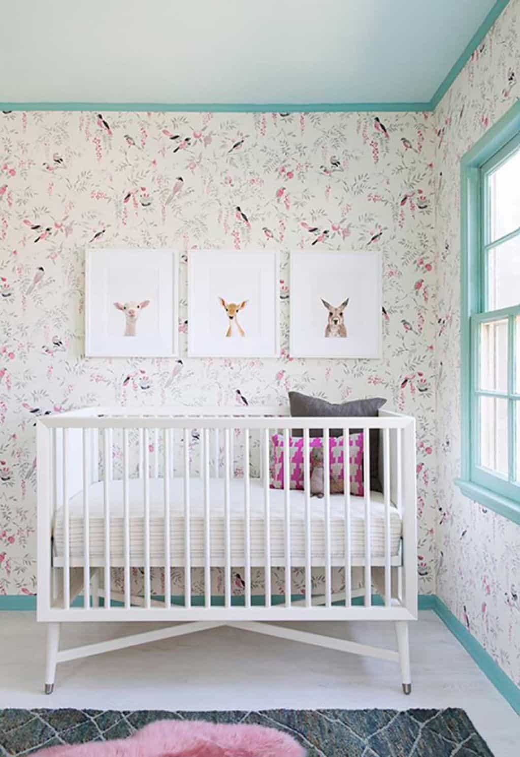 Baby Room With Nursery Wallpaper And White Crib 3 Pictures Above
