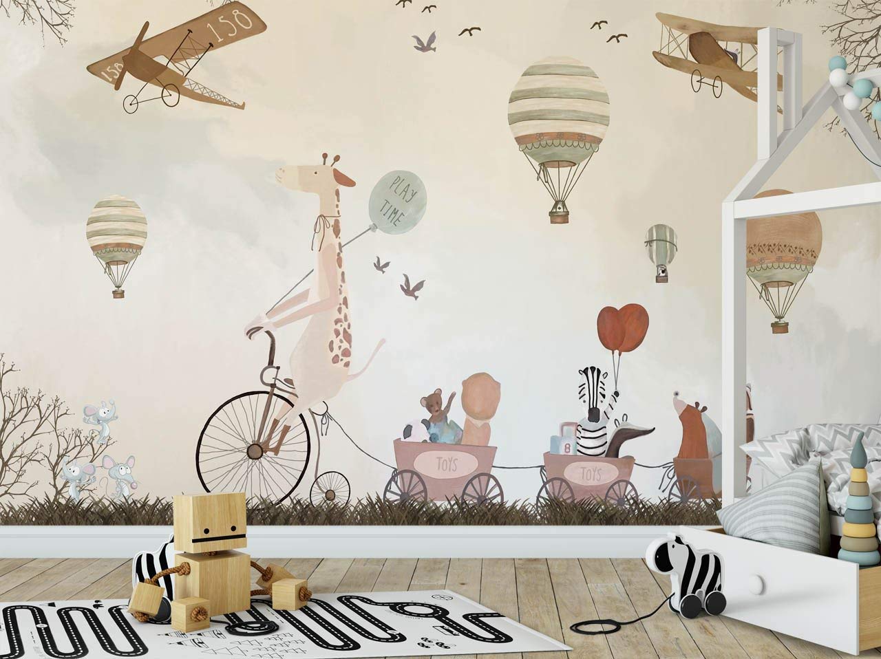 Jungle Friends Nursery Wallpaper Decorative Airplane - Hot Air Balloon Animals , HD Wallpaper & Backgrounds