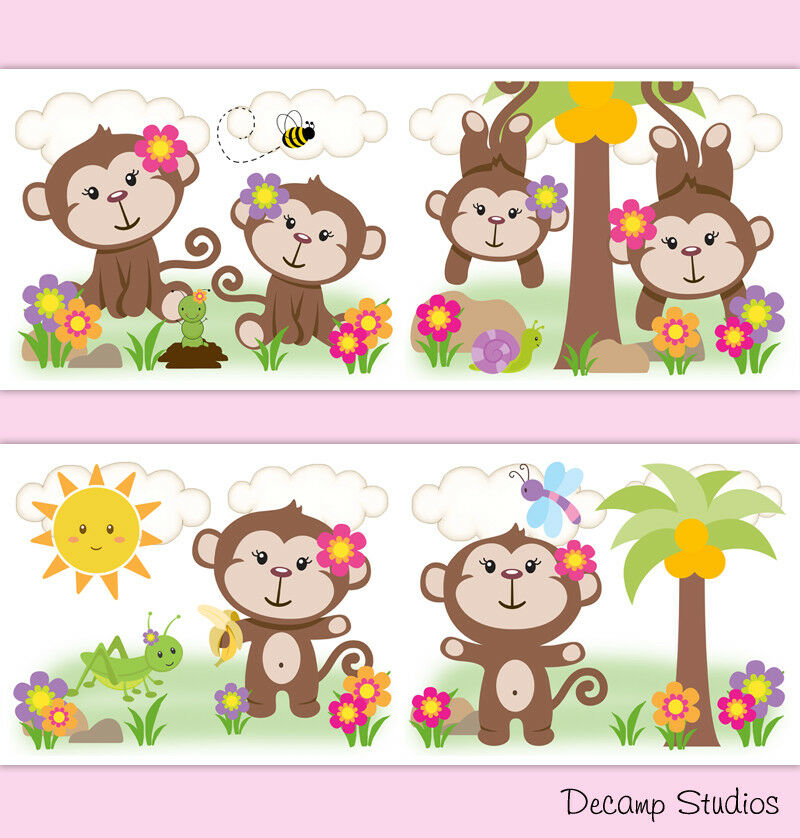 Details About Safari Animal Monkey Girl Nursery Wallpaper - Monkey Kids Art , HD Wallpaper & Backgrounds