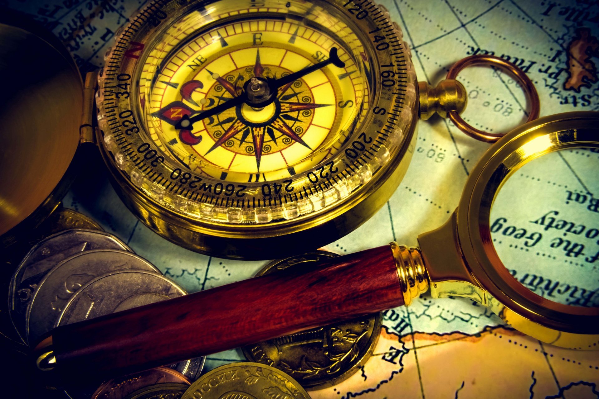 Composition Ancient Map Vintage Compass Magnifier Coins - Vintage Compass , HD Wallpaper & Backgrounds