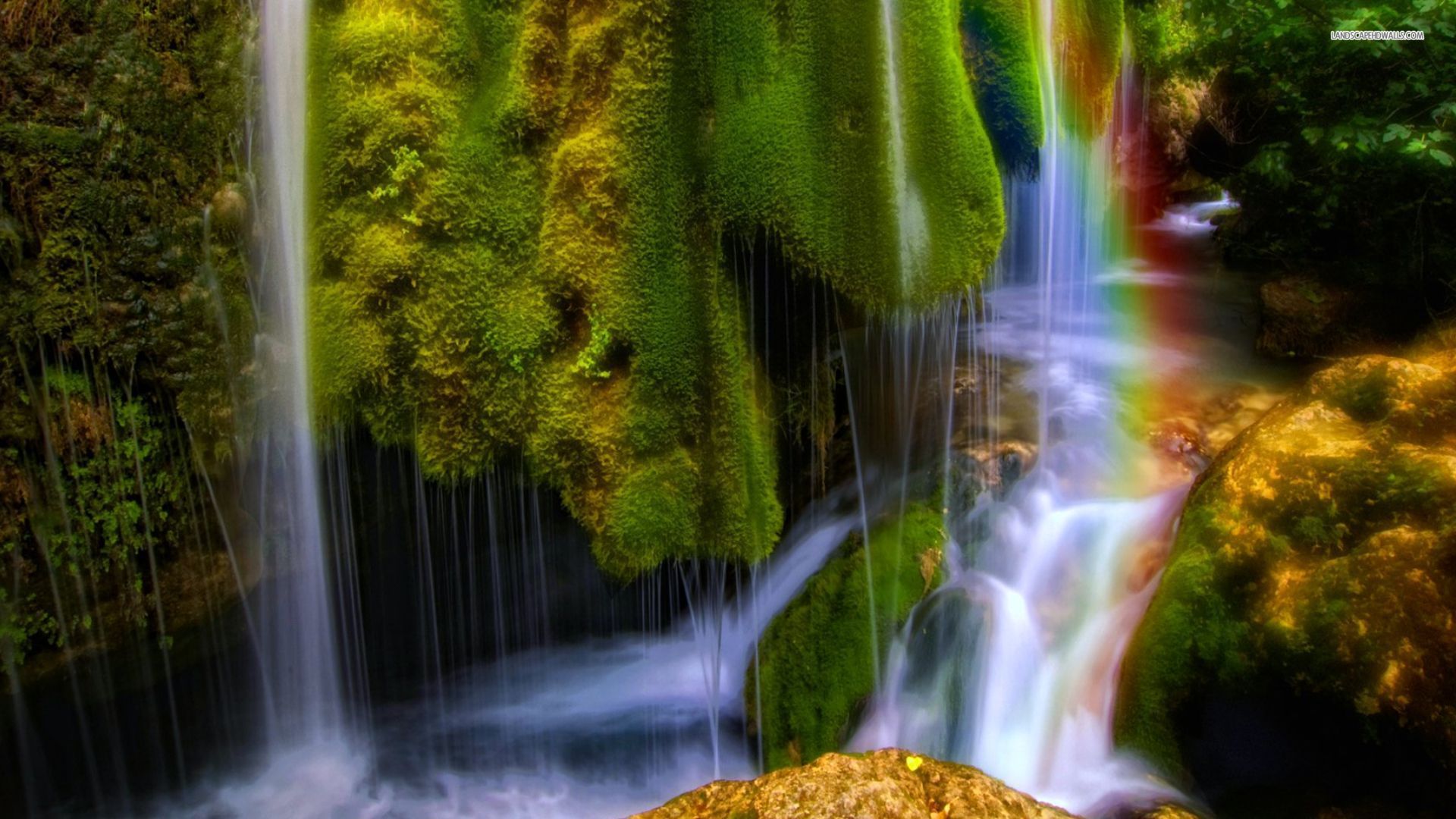 Waterfall And Rainbow Wallpapers Full Hd - Rainbow Waterfall In Forest , HD Wallpaper & Backgrounds
