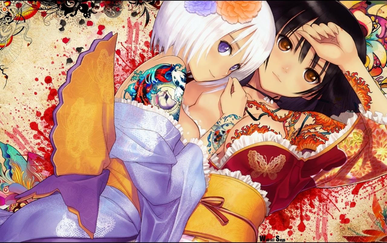 Originalhd Sweet Girls Tattoos Kimono Wallpapers - Colorful Anime Girl , HD Wallpaper & Backgrounds