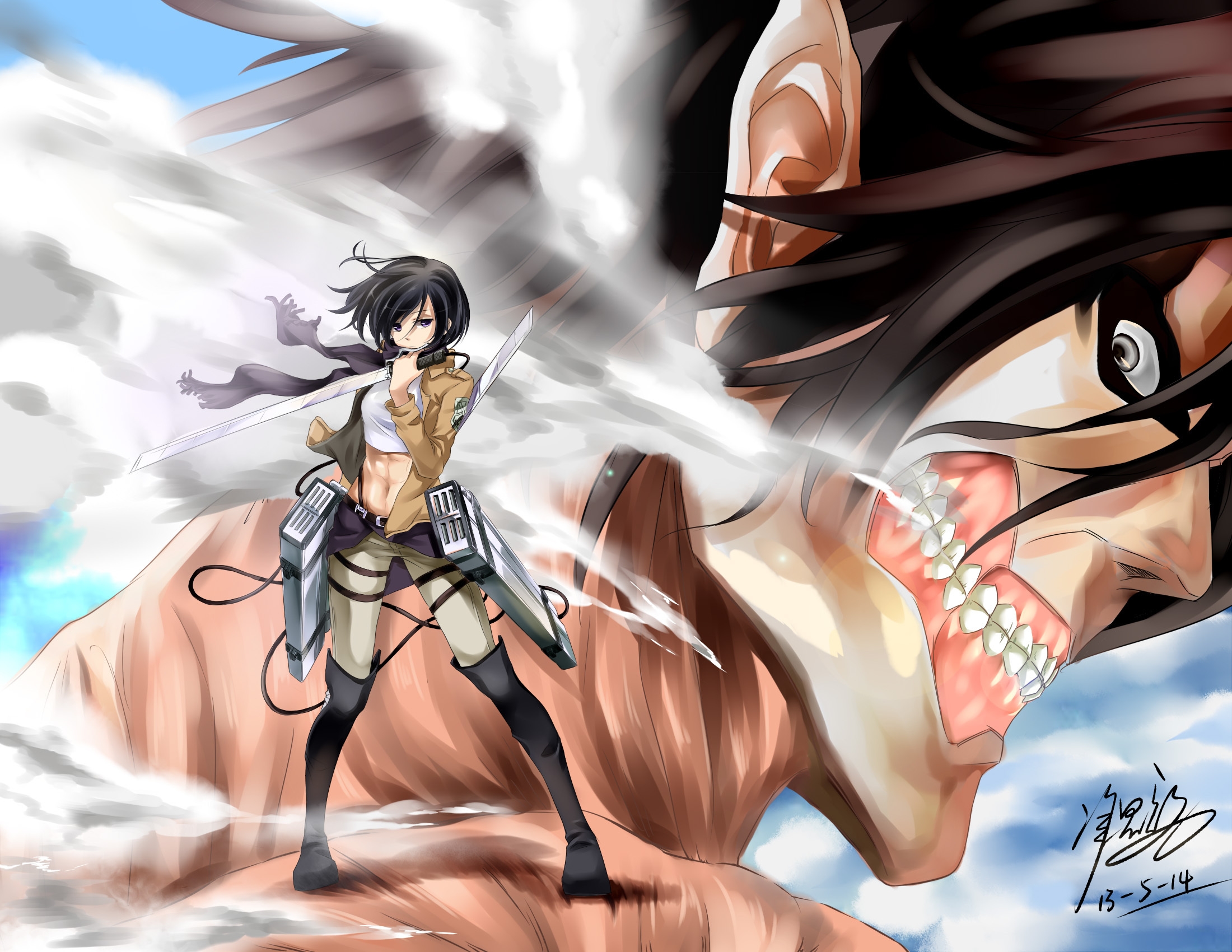 Shingeki No Kyojin, Eren Jaeger, Mikasa Ackerman, Titan - Eren Titan And Mikasa , HD Wallpaper & Backgrounds