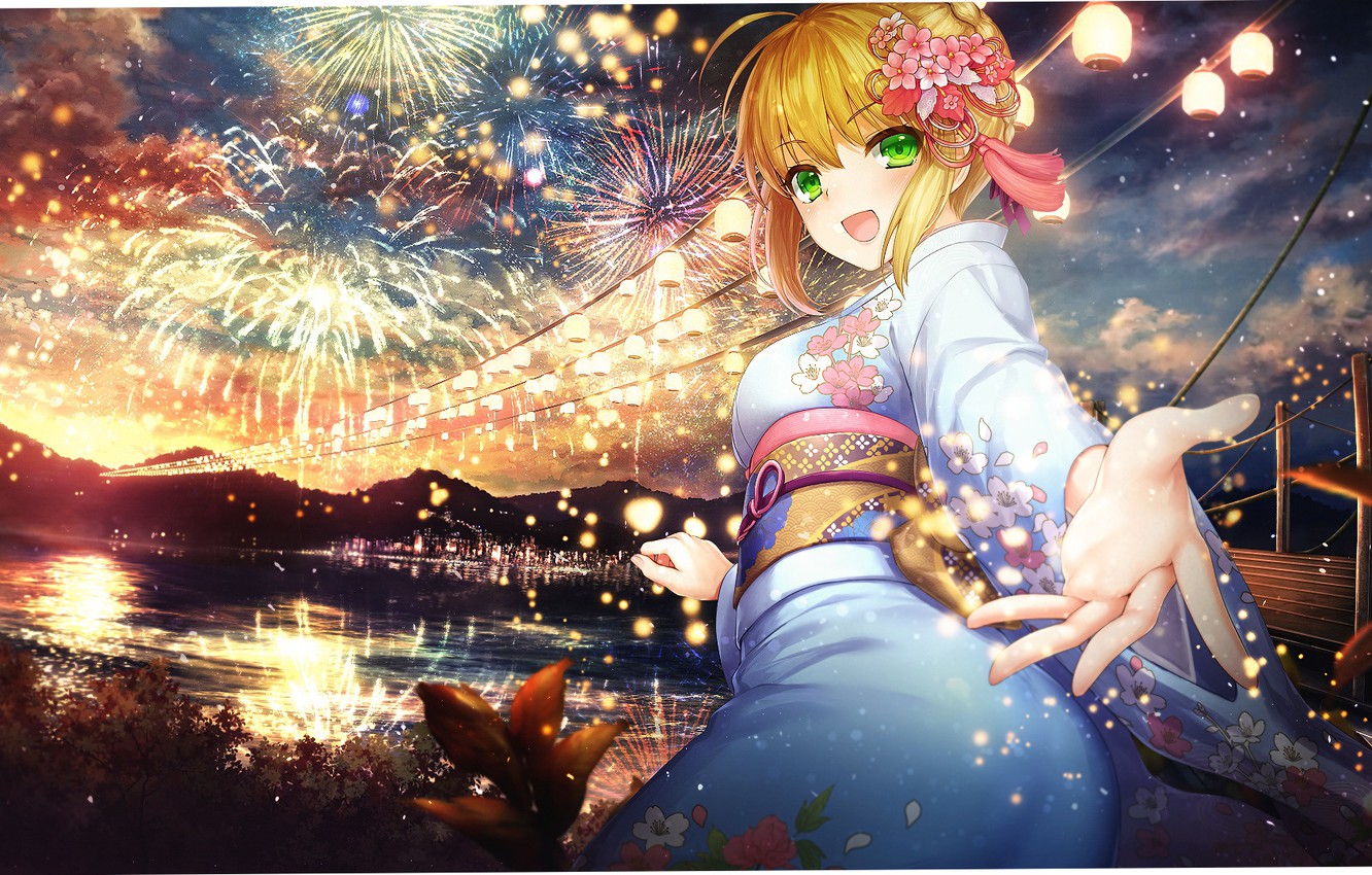 Photo Wallpaper Girl, Smile, Holiday, Salute, Yukata, - Festival Anime Yukata , HD Wallpaper & Backgrounds