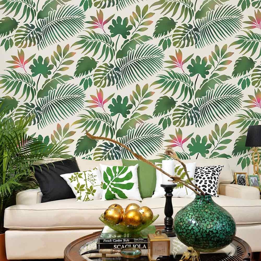 Palm Leaf Stencil Tropical Leaves Wallpaper - Wall Stencils Tropical , HD Wallpaper & Backgrounds