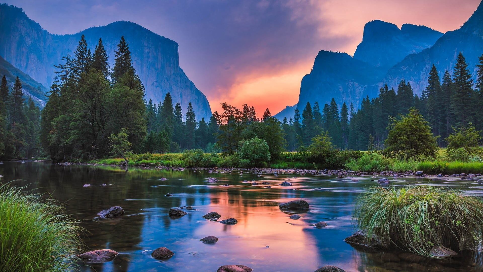 Landscape Nature Reflection Sunset Mountains River - Yosemite National Park, Yosemite Valley , HD Wallpaper & Backgrounds