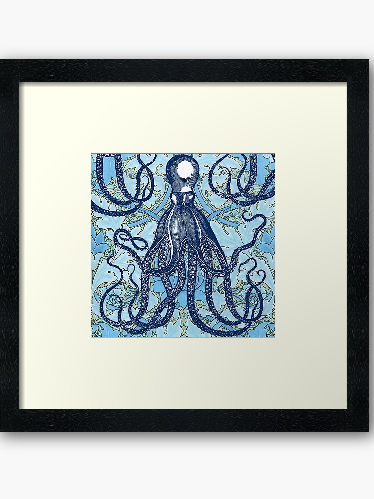 Antique Octopus With William Morris Wallpaper Framed - William Morris Wallpaper Blue , HD Wallpaper & Backgrounds
