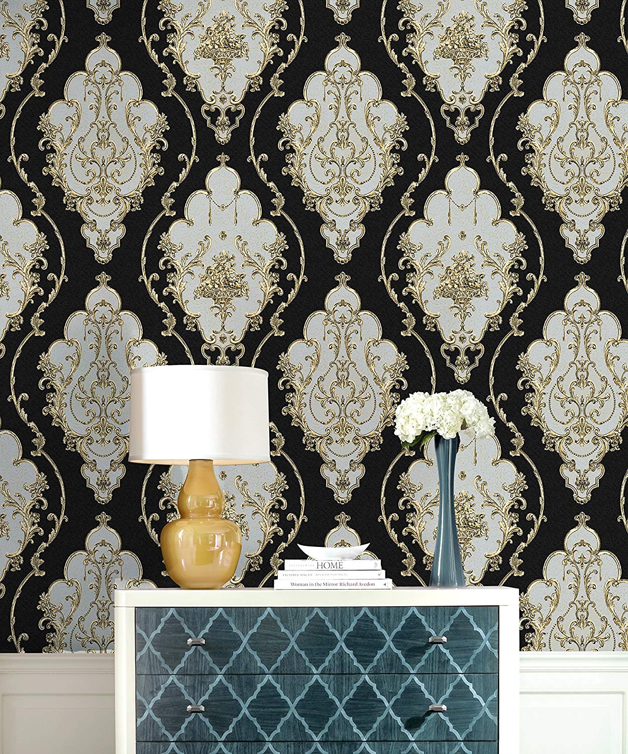 Haokhome 360207 Luxury Heavy Texture Victorian Damask - Черно Золотые Обои , HD Wallpaper & Backgrounds