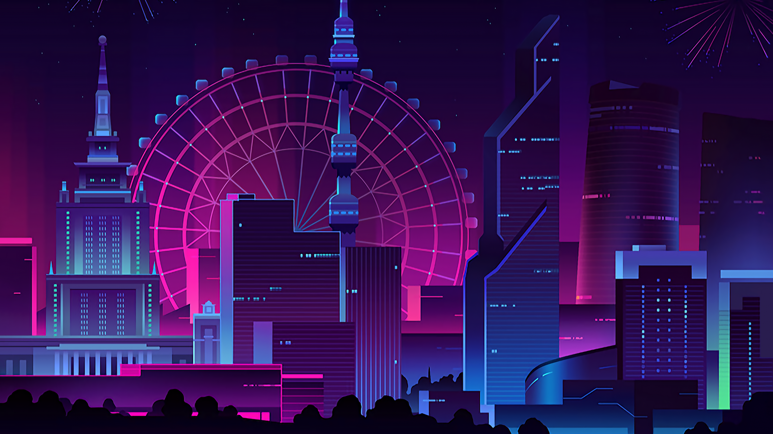 Minimal Neon City, Fireworks , HD Wallpaper & Backgrounds