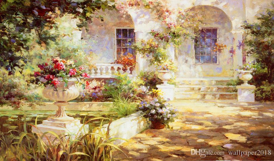 Fantasy Garden Oil Painting Wall Background Modern - Fond D Écran Jardin Peinture , HD Wallpaper & Backgrounds