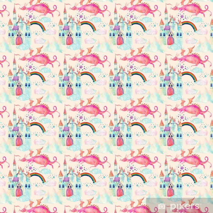 Watercolor Fairy Tale Seamless Pattern With Cute Dragon, - Visual Arts , HD Wallpaper & Backgrounds