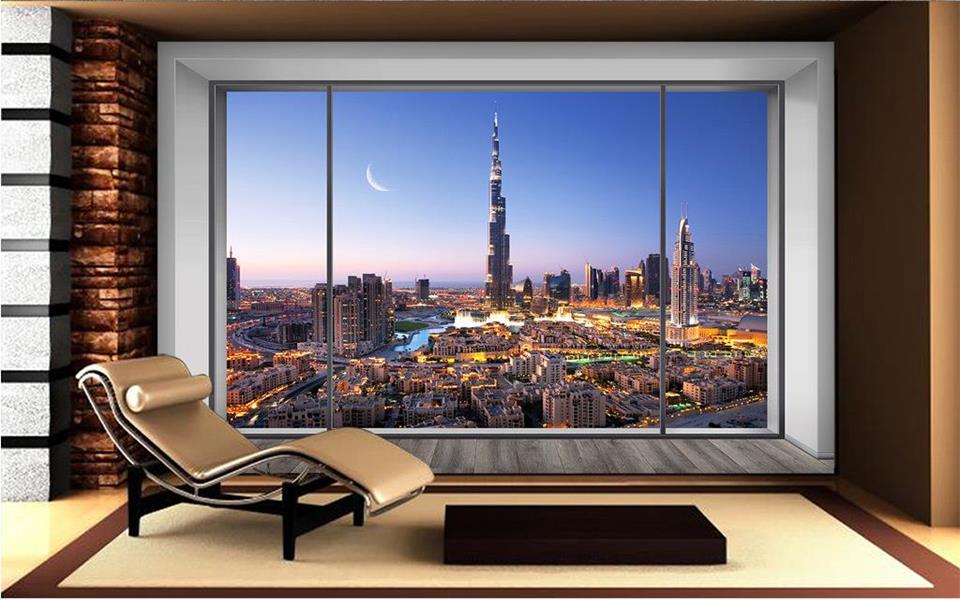 Custom 3d Photo Wallpaper Room Mural Dubai Moon Nightscape - Janela Hotel Dubai , HD Wallpaper & Backgrounds