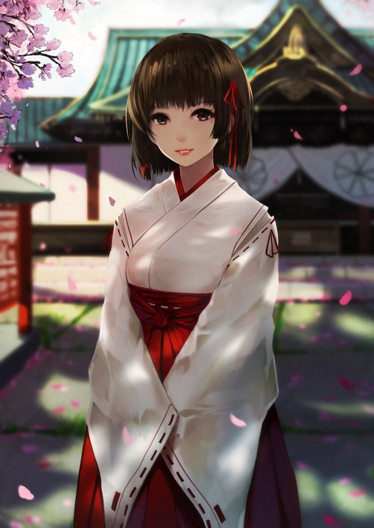 Short Hair, Brunette, Anime, Anime Girls, Kimono, Japanese - Japanese Anime Girl Kimono , HD Wallpaper & Backgrounds