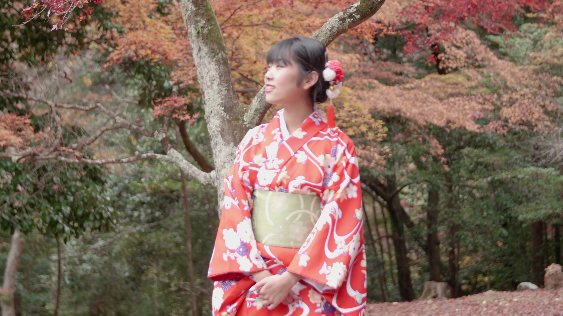 Japanese Girl Red Kimono Walking Through Kyoto Forest - Kimono Japanese Girl , HD Wallpaper & Backgrounds