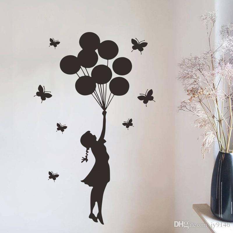 Mariposa Negro Globo Chica Tatuajes De Pared Diy Vinilo - Girl With Balloons Silhouette Png , HD Wallpaper & Backgrounds