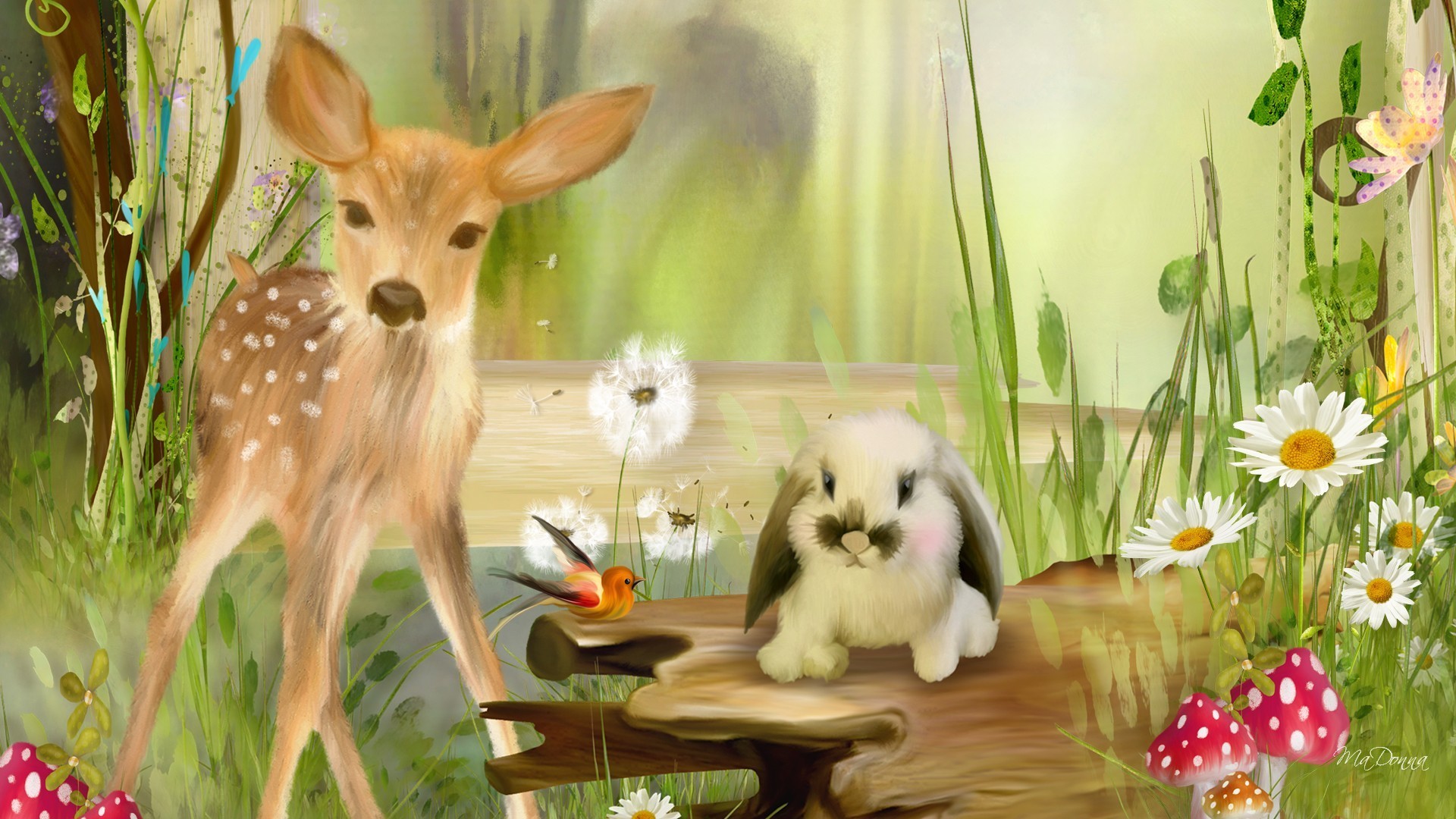 Sweet Fawn And Spring Bunny Wallpaper - Spring Bunny , HD Wallpaper & Backgrounds
