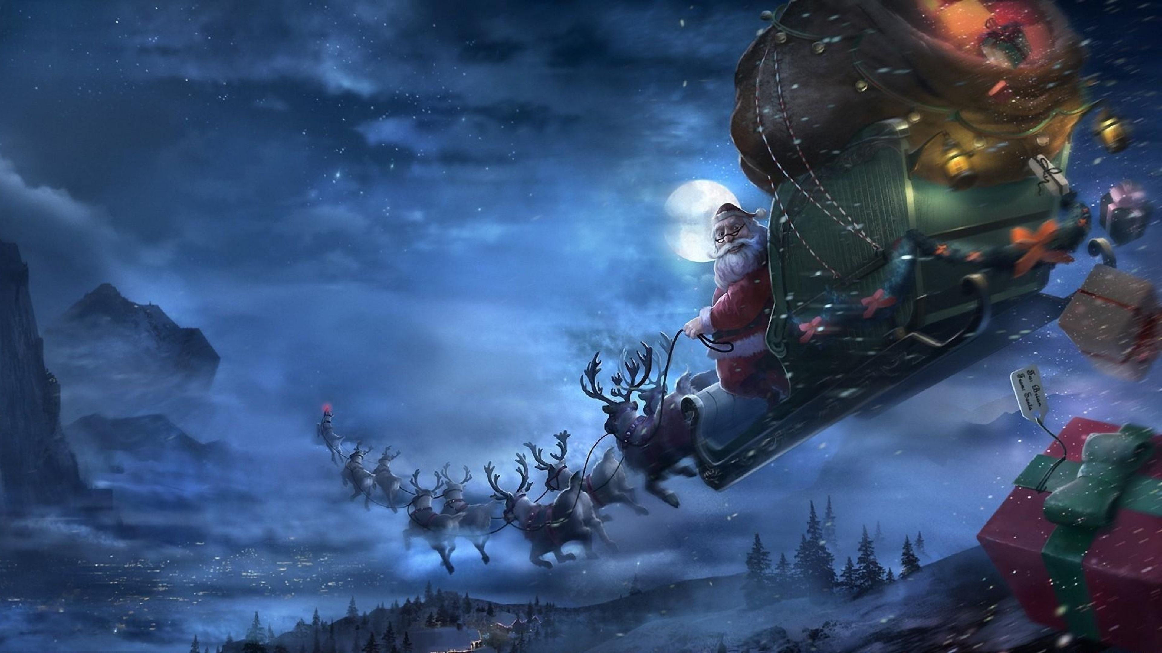 Bag With Gifts Sledge New Year Santa Claus - Santa Claus Flying Background , HD Wallpaper & Backgrounds