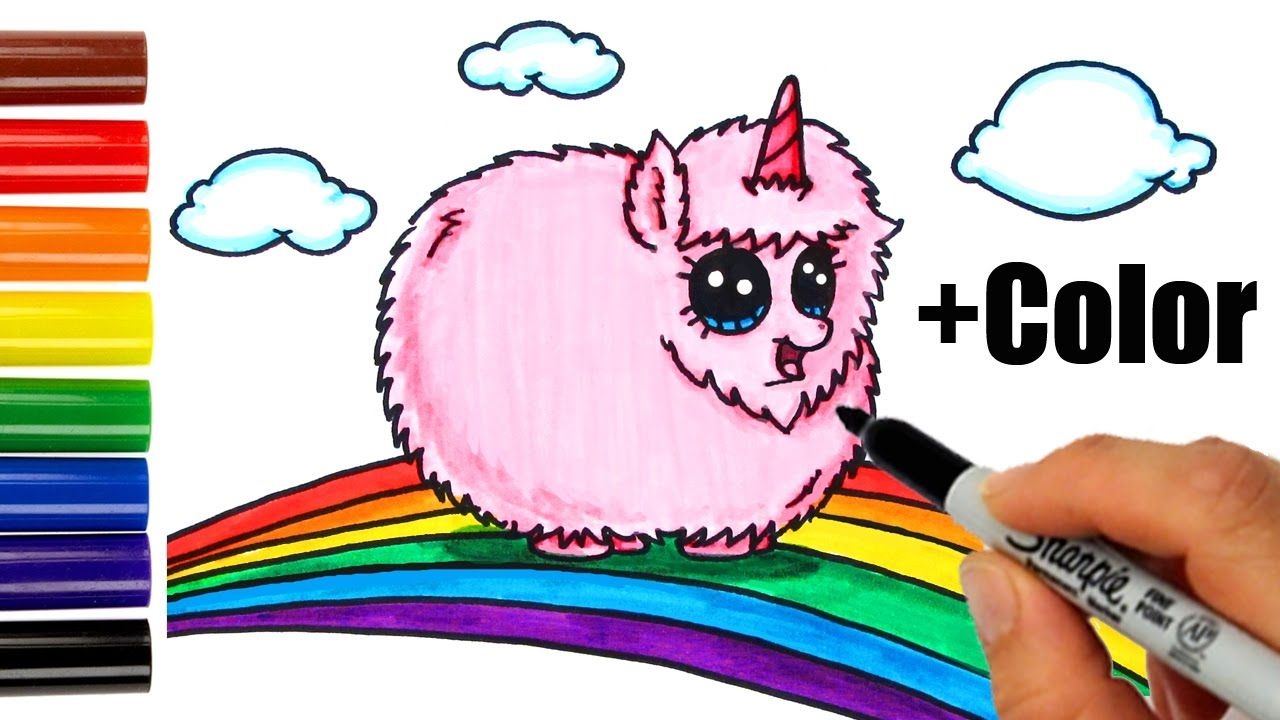 How To Draw Color Pink Fluffy Unicorn Dancing On Rainbow - Pink Fluffy Unicorn Drawing , HD Wallpaper & Backgrounds