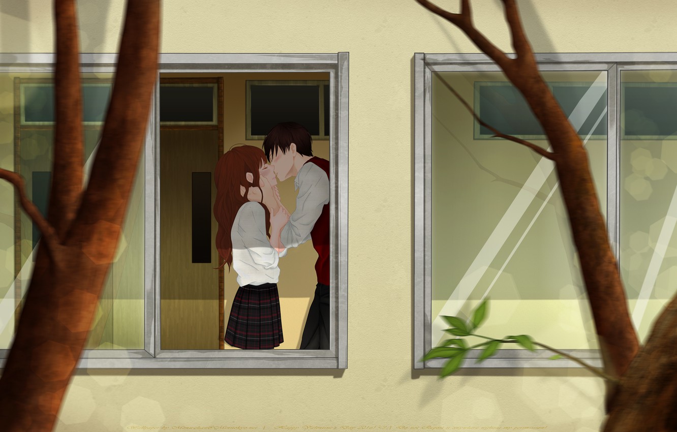 Photo Wallpaper Girl, Trees, Kiss, Anime, Window, Art, - Окно Арт , HD Wallpaper & Backgrounds
