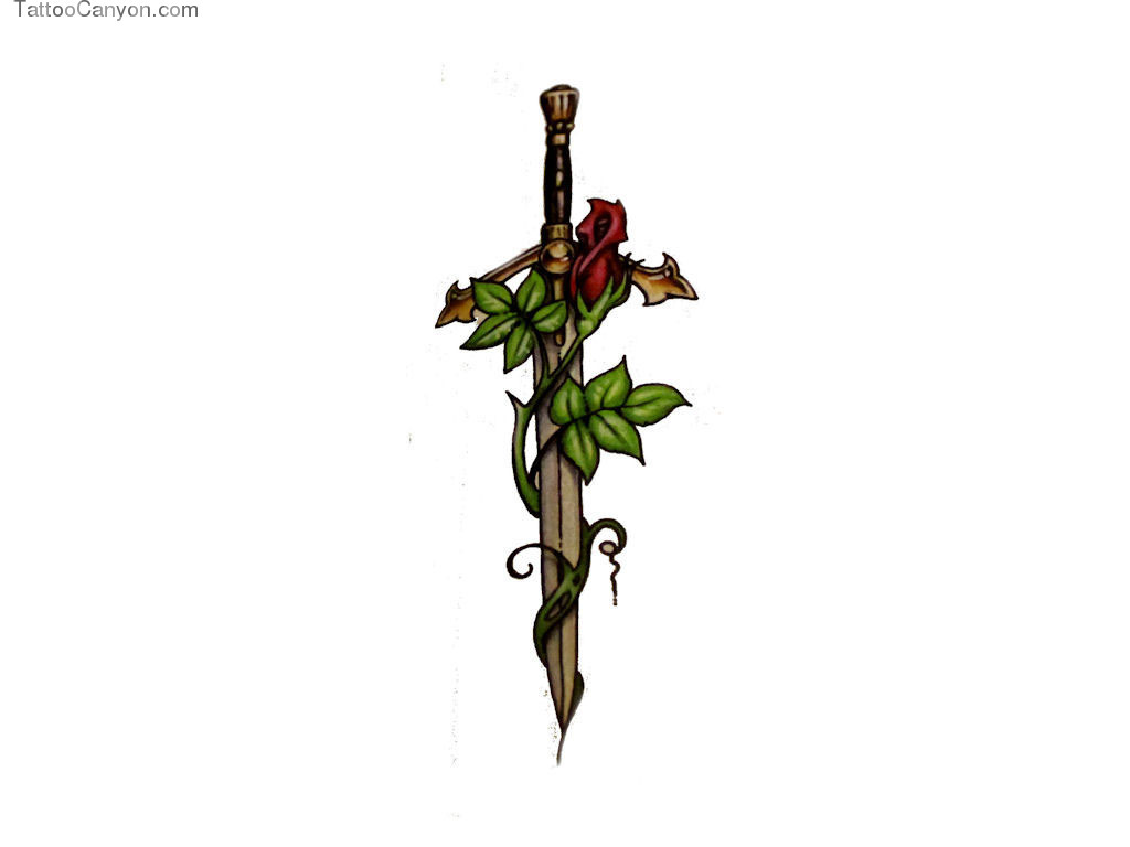 Free Designs Dagger With Red Rose Tattoo Wallpaper - Small Dagger And Rose Tattoos , HD Wallpaper & Backgrounds
