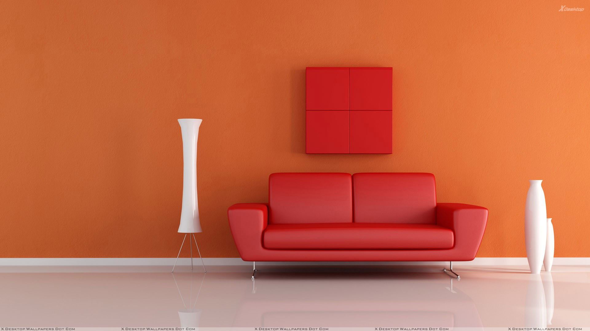 Red Sofa Near White Vase N Orange Background - Red Sofa Background , HD Wallpaper & Backgrounds